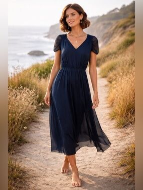 NWT Sundance Gossamer Dream Silk Dress Navy Blue Midi Boho Size L